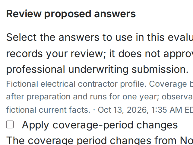 The electrical contractor's business answers, proposed for review before they are applied.