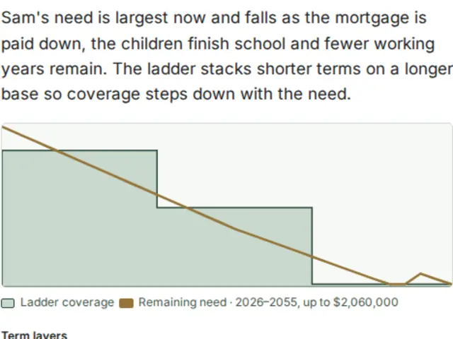 The young family's term ladder against a need that falls as the mortgage is paid down.